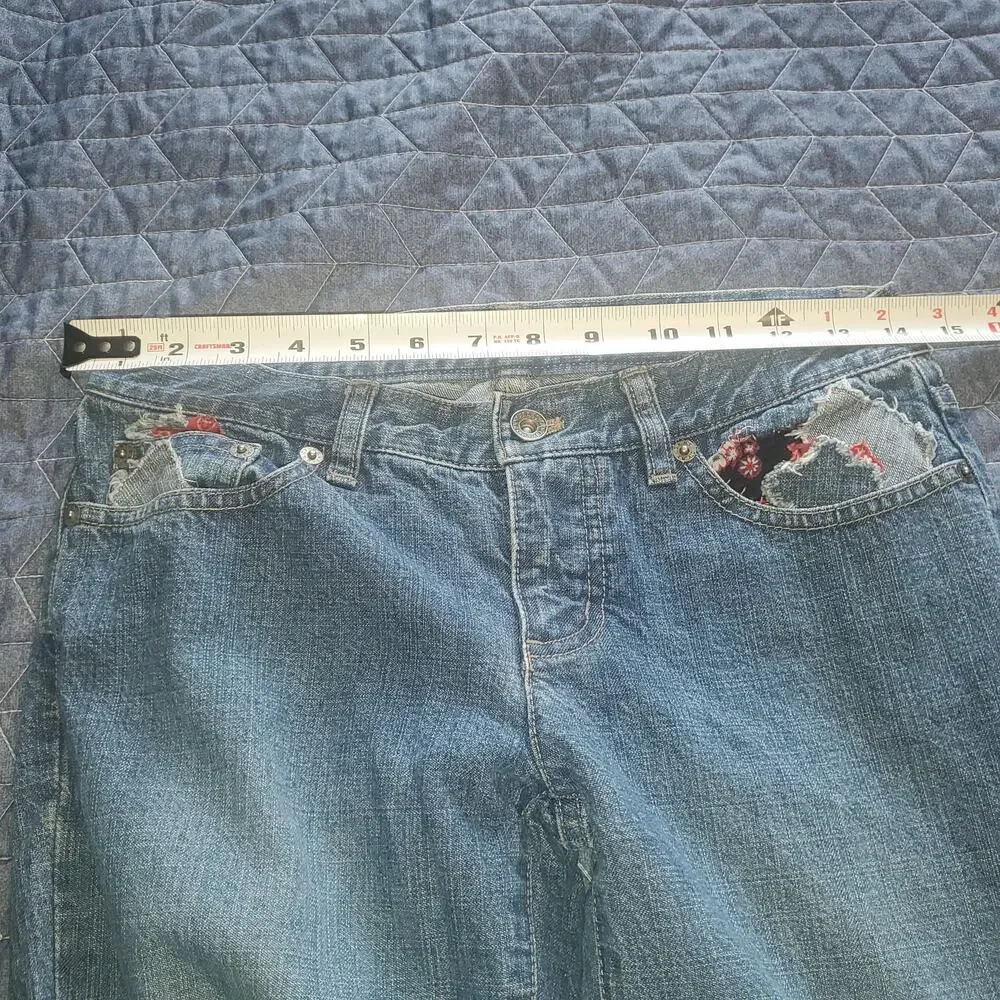 Vintage DKNY Size 1 (28x31) Boho Patchwork Low Rise Flare Jean Y2K Festival Boho